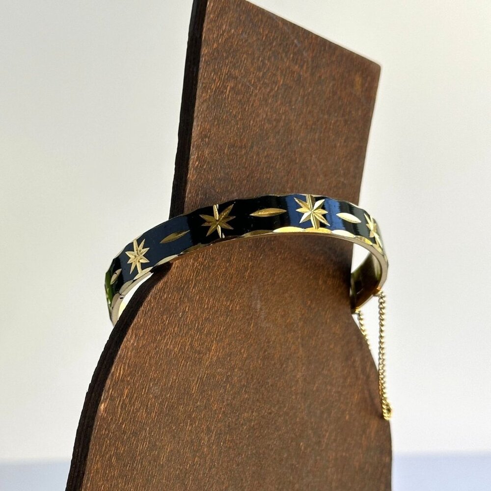 Black & Gold Enameled Hinged Bracelet with Star Etching and Safety Chain 7" - Picture 3 of 9